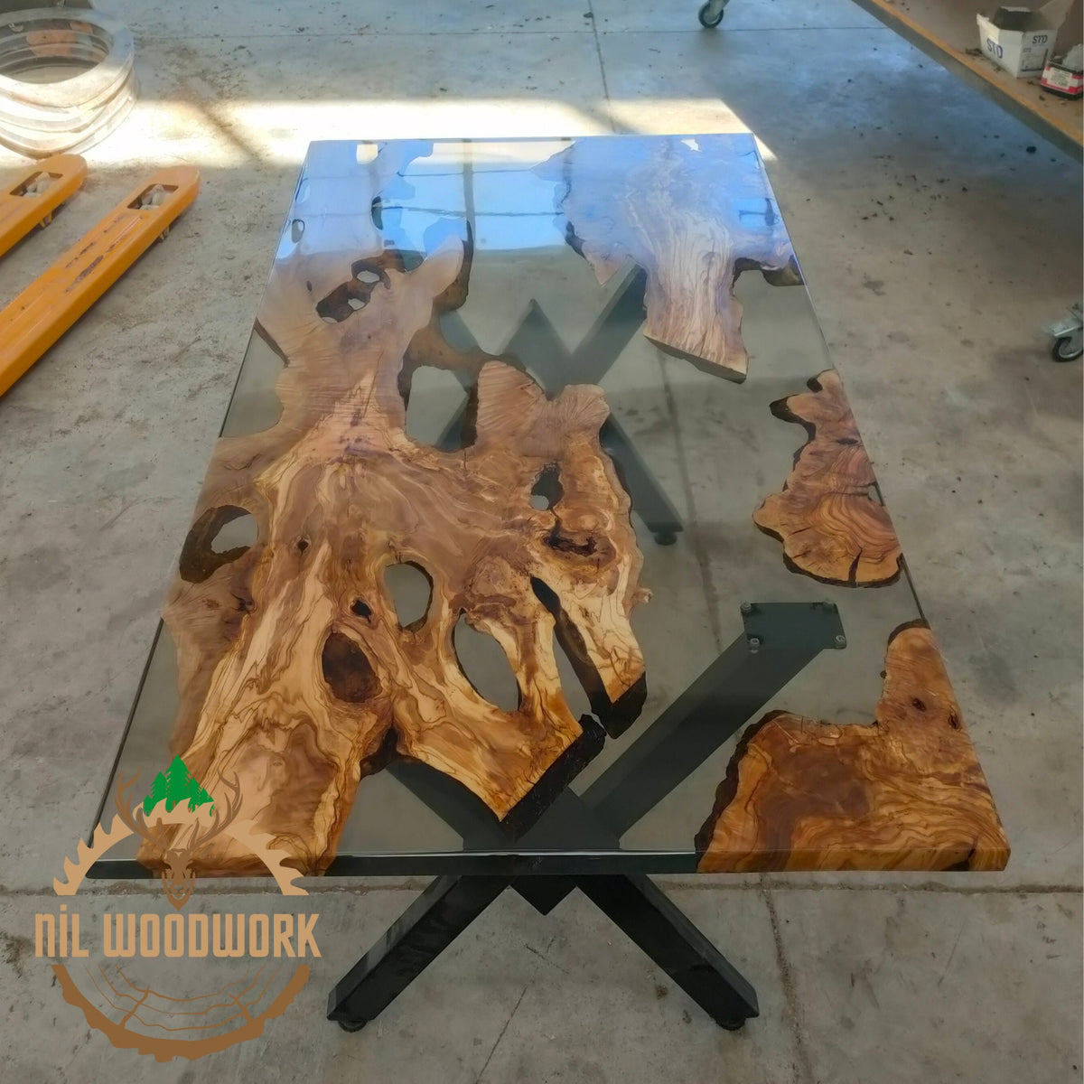 Custom Olive Wood Resin Dining Table: Unique Epoxy River Table