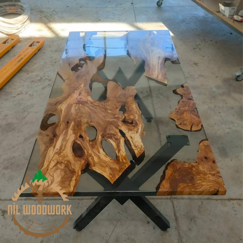 Custom Olive Wood Resin Dining Table: Unique Epoxy River Table