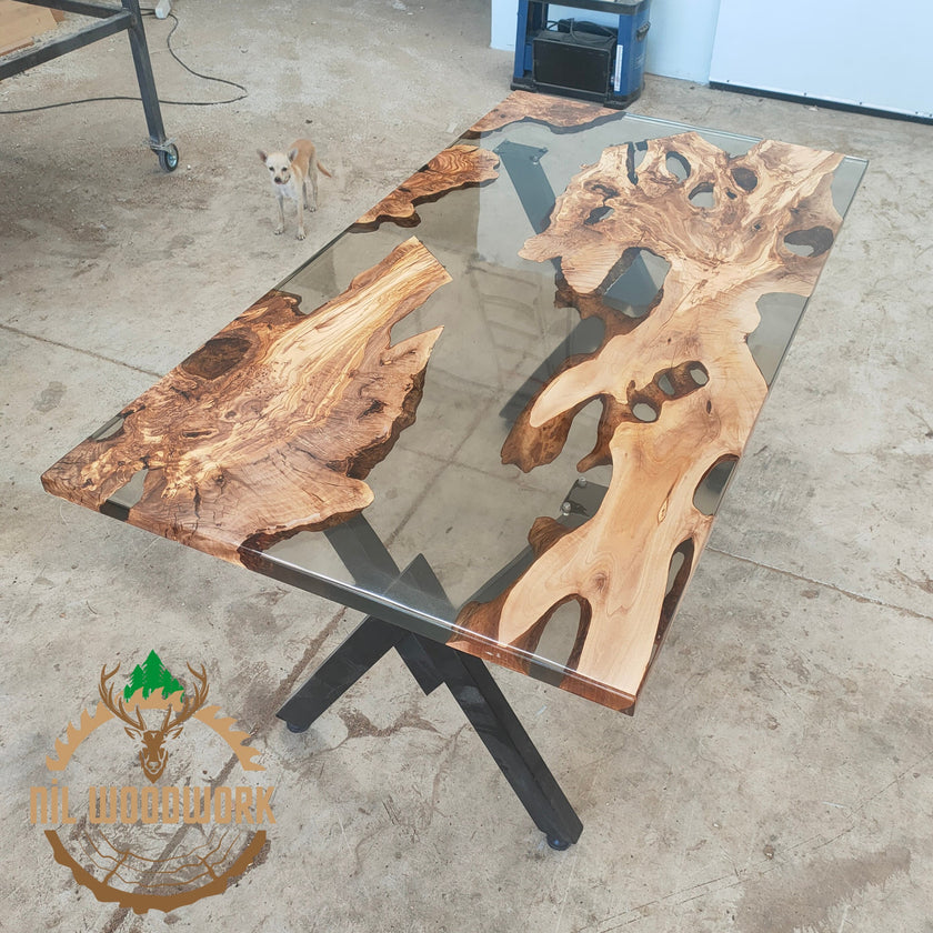 Custom Olive Wood Resin Dining Table: Unique Epoxy River Table
