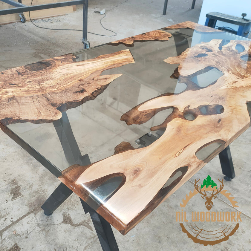 Custom Olive Wood Resin Dining Table: Unique Epoxy River Table