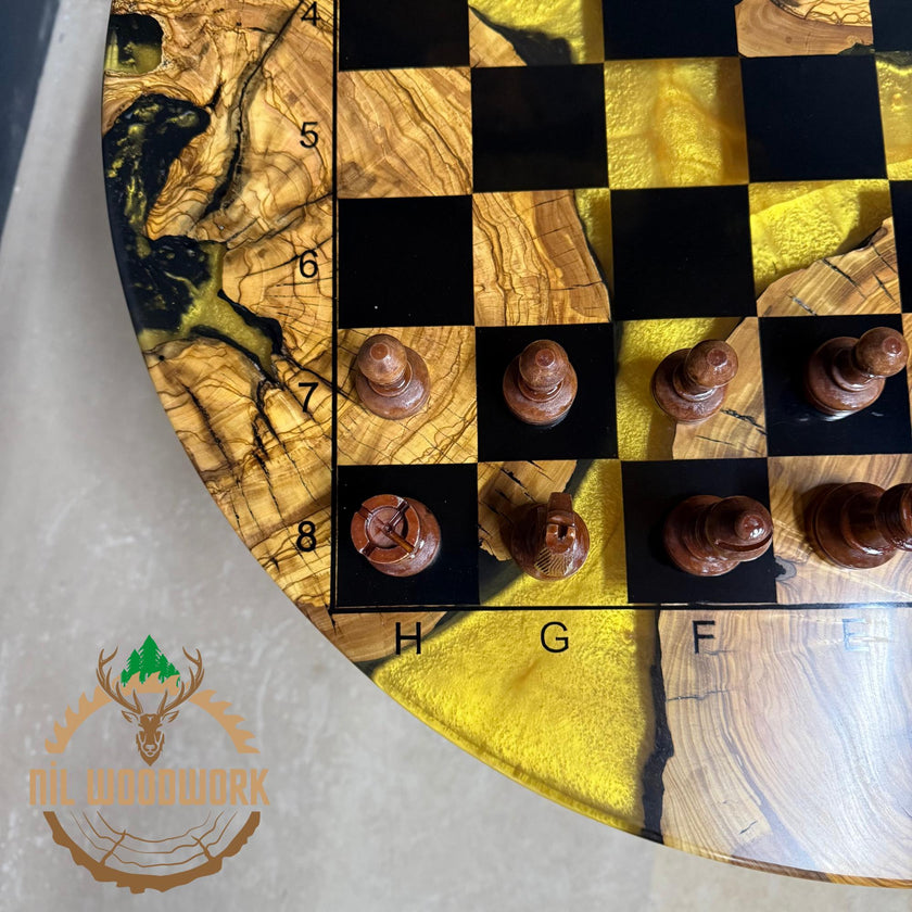 Olive Wood Resin Chess Table: Modern Chessboard Set, Professional Chess Stand