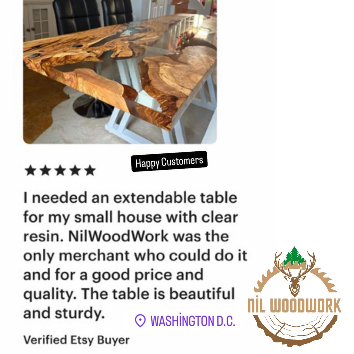 Olive Wood Epoxy Resin Dining Table: Collapsible Design