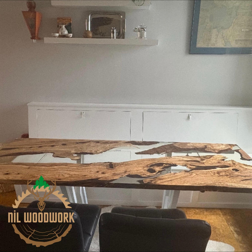 Olive Wood Epoxy Resin Dining Table: Collapsible Design