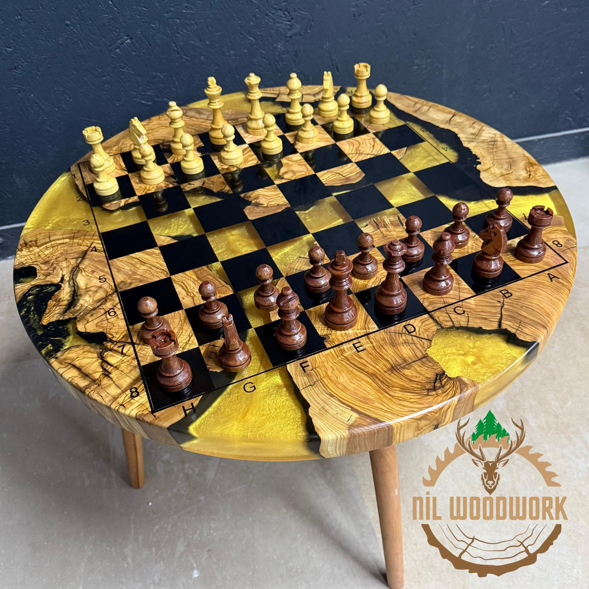 Olive Wood Resin Chess Table: Modern Chessboard Set, Professional Chess Stand