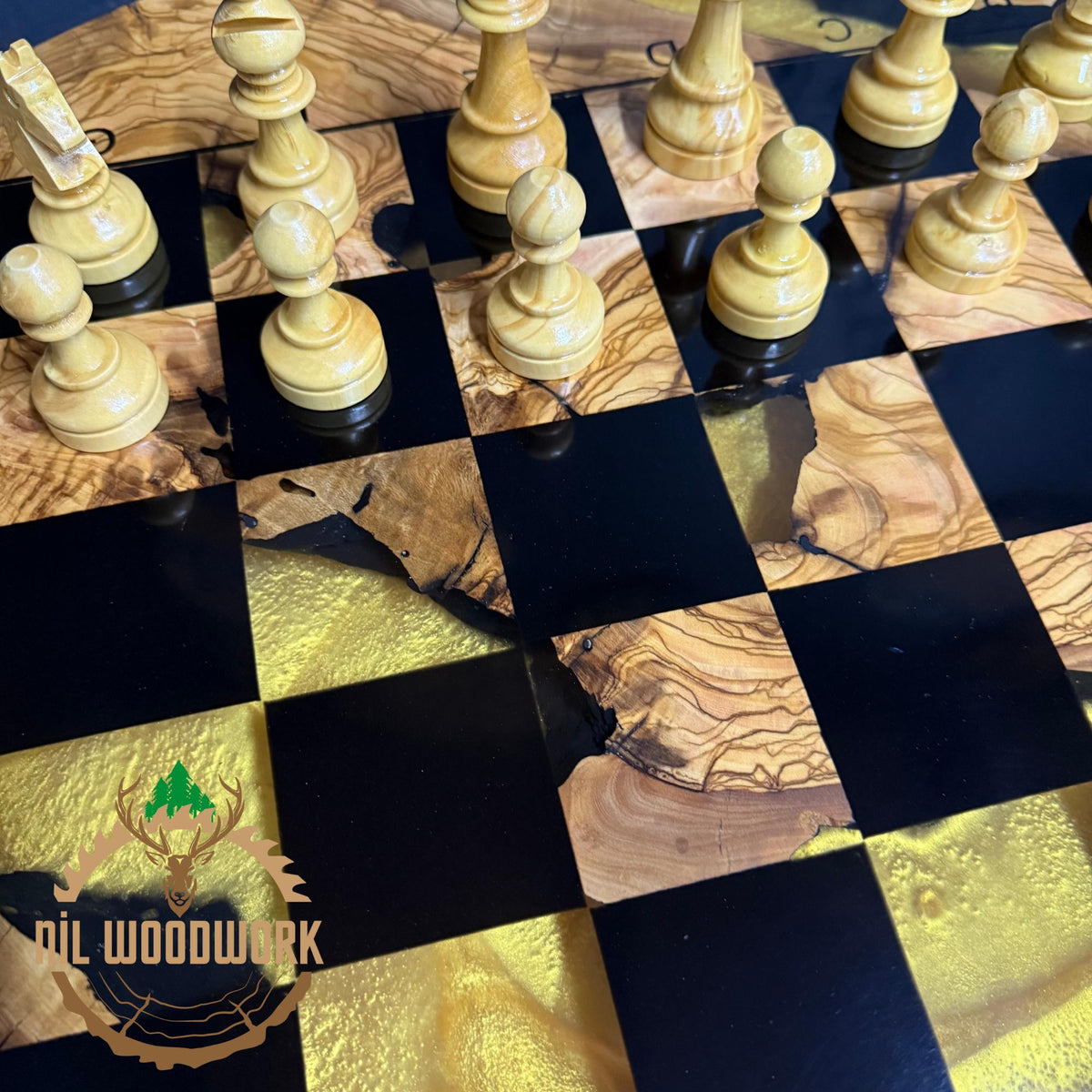 Olive Wood Resin Chess Table: Modern Chessboard Set, Professional Chess Stand