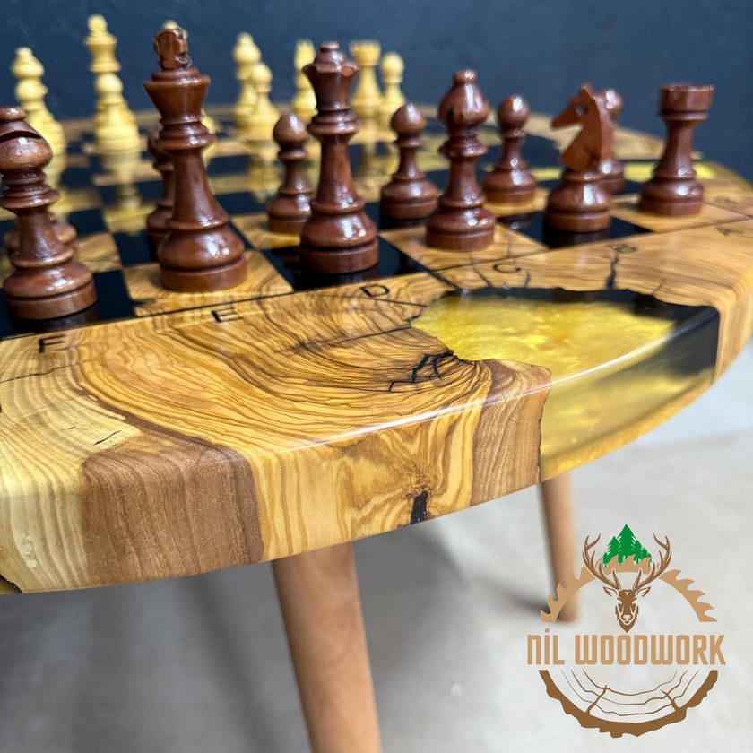 Olive Wood Resin Chess Table: Modern Chessboard Set, Professional Chess Stand