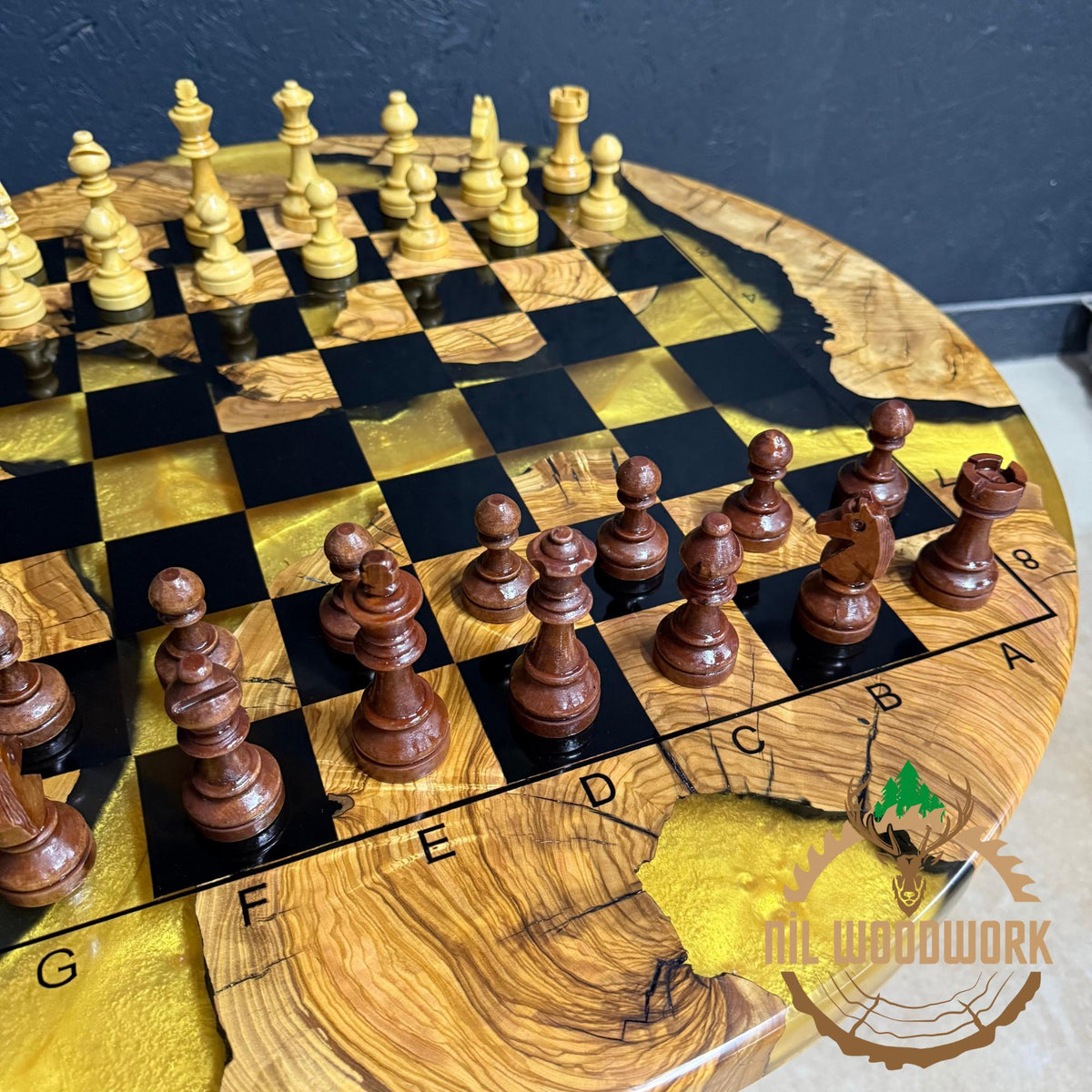 Olive Wood Resin Chess Table: Modern Chessboard Set, Professional Chess Stand