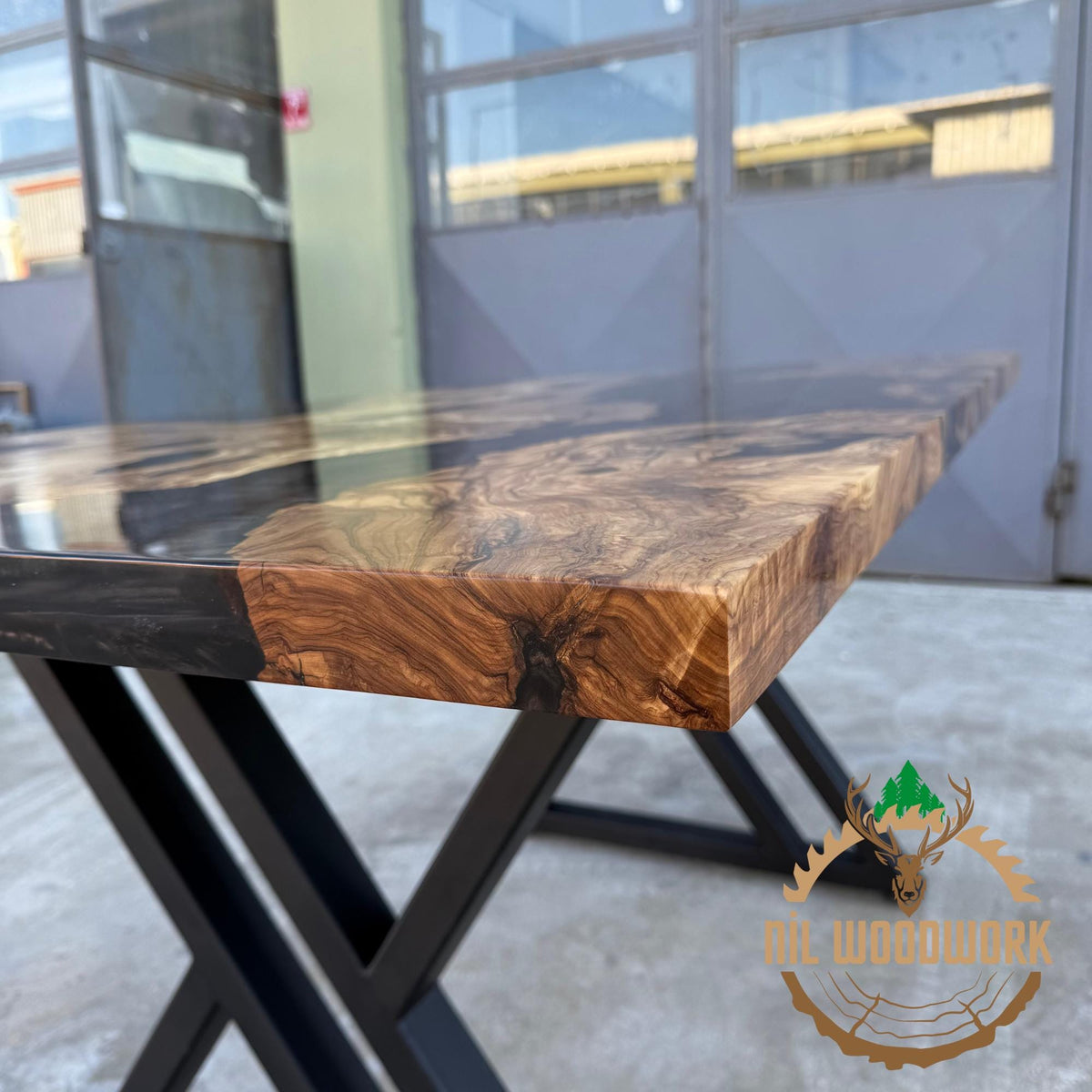 Handmade Olive Wood Epoxy Resin Dining Table: Modern River Table