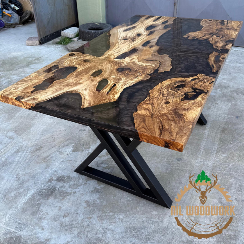 Handmade Olive Wood Epoxy Resin Dining Table: Modern River Table