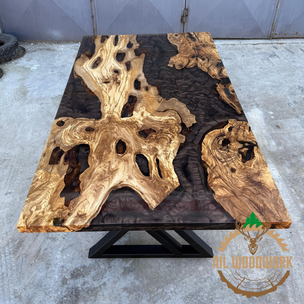 Handmade Olive Wood Epoxy Resin Dining Table: Modern River Table