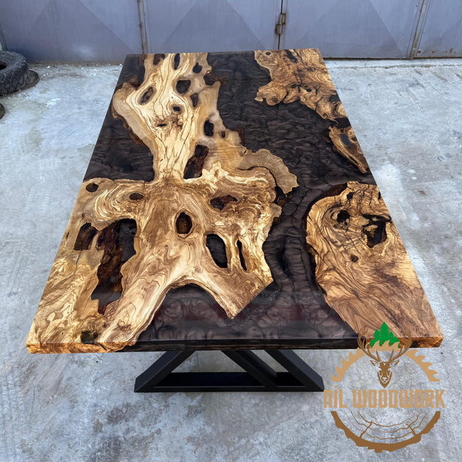 Handmade Olive Wood Epoxy Resin Dining Table: Modern River Table