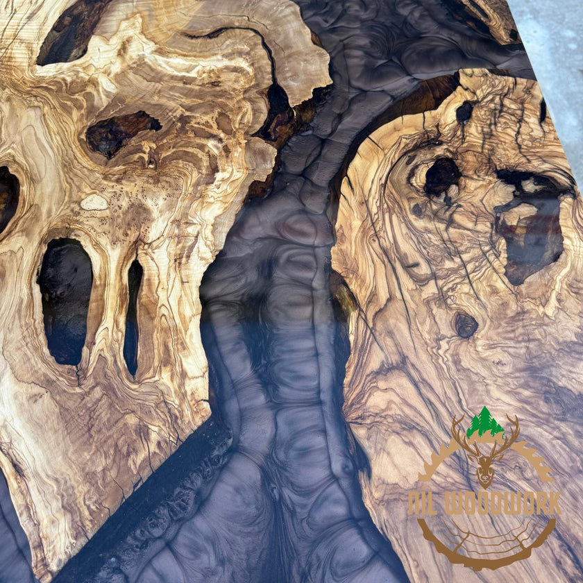 Handmade Olive Wood Epoxy Resin Dining Table: Modern River Table