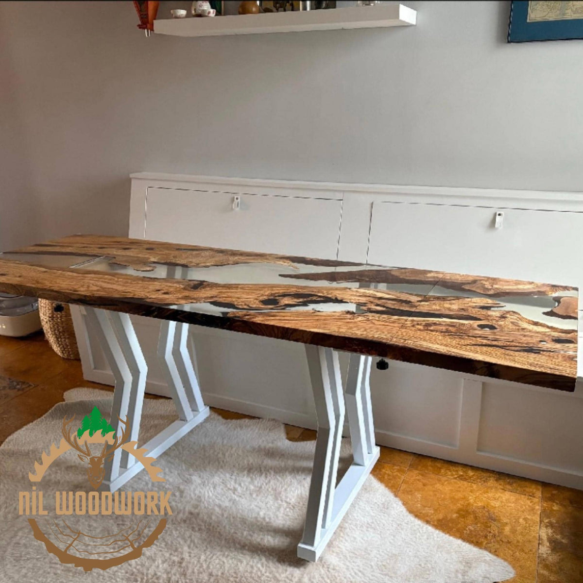 Olive Wood Epoxy Resin Dining Table: Collapsible Design