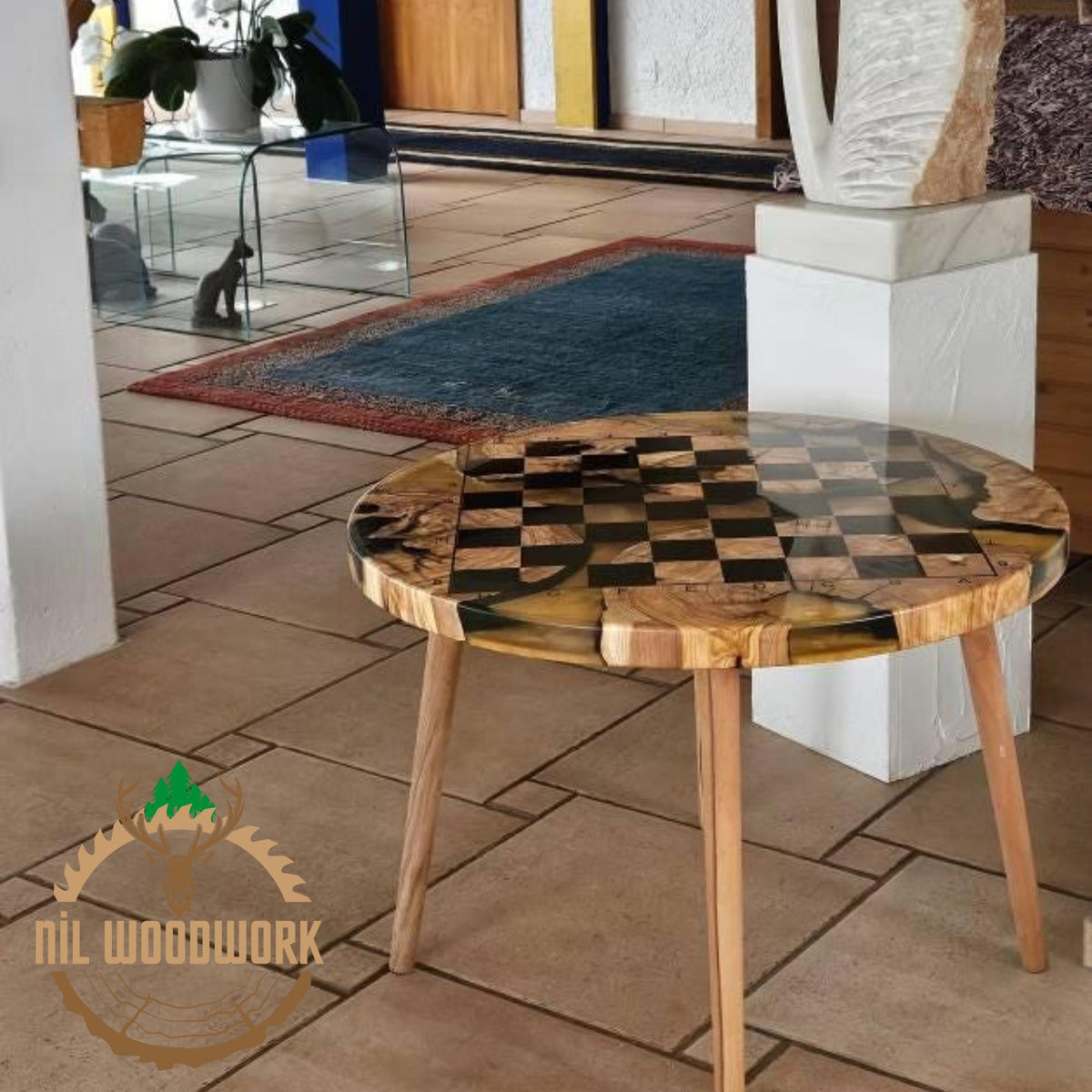 Olive Wood Resin Chess Table: Modern Chessboard Set, Professional Chess Stand