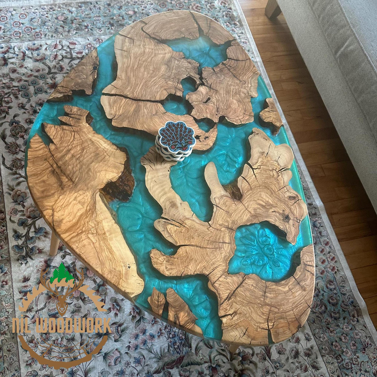 Custom Olive Wood Epoxy Coffee Table: Rustic Modern Sofa Table