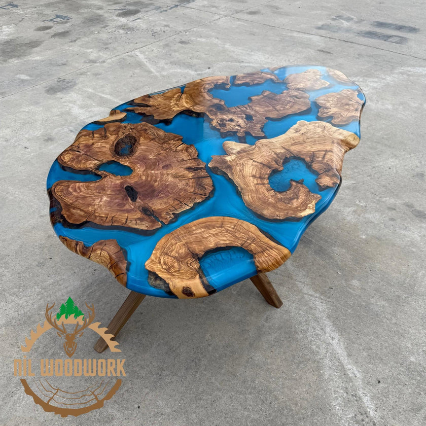 Handcrafted Olive Wood Resin Coffee Table - Modern Live Edge Design