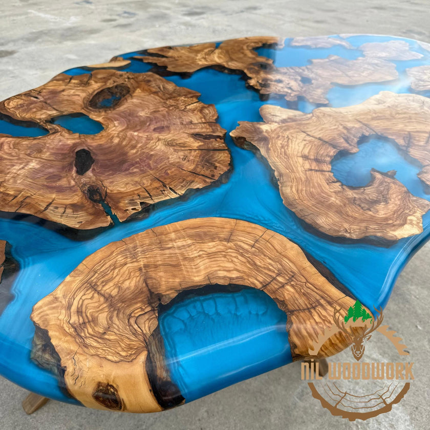 Handcrafted Olive Wood Resin Coffee Table - Modern Live Edge Design