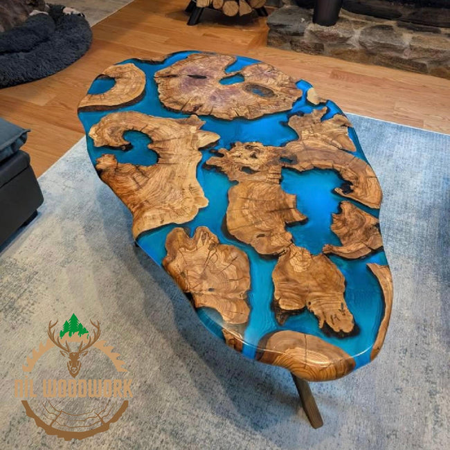 Handcrafted Olive Wood Resin Coffee Table - Modern Live Edge Design