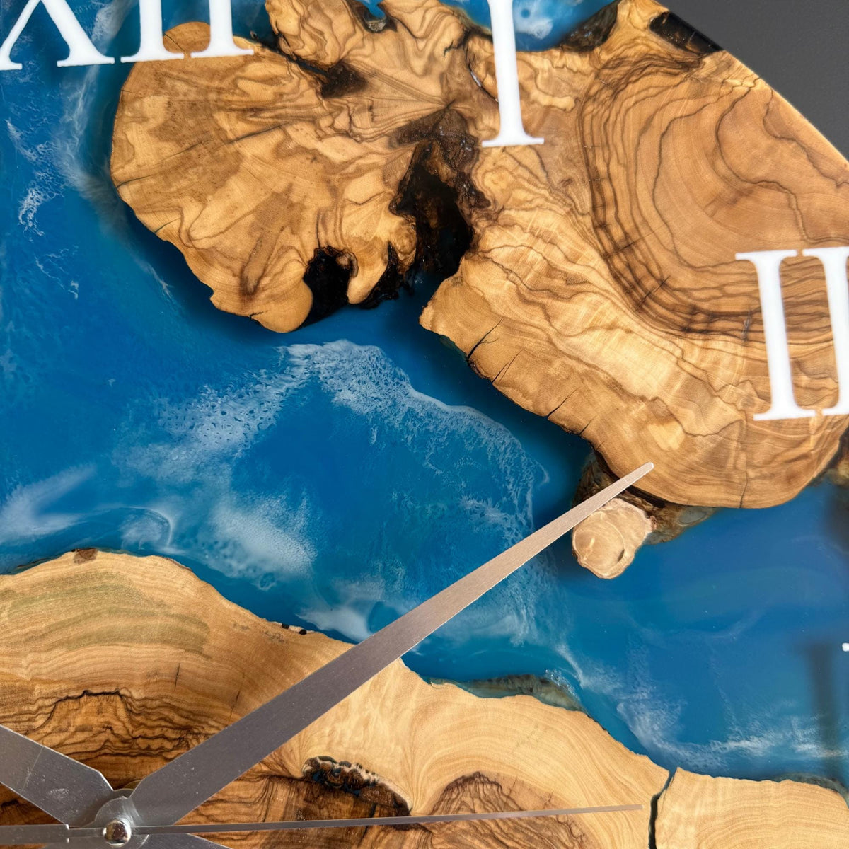 Olive Wood Epoxy Resin Wall Clock, Personalized Wooden Wall Clock: Ocean Resin Art