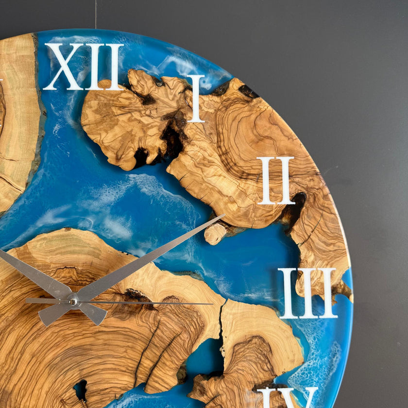 Olive Wood Epoxy Resin Wall Clock, Personalized Wooden Wall Clock: Ocean Resin Art