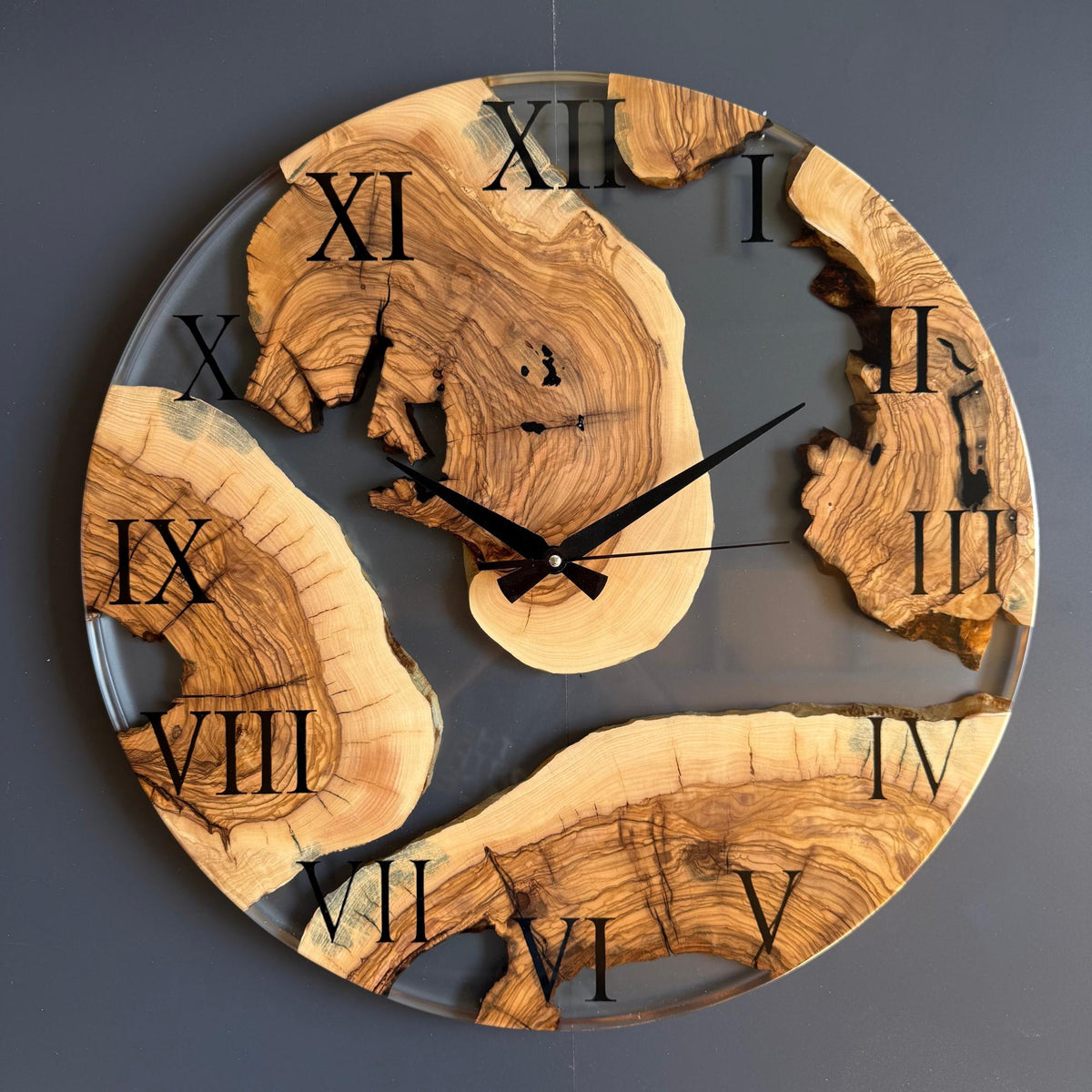 Clear Epoxy Resin and Olive Wood Wall Clock, Transparent Live Edge Olive Slice Art, Unique Modern Minimalist Home Decor Gift