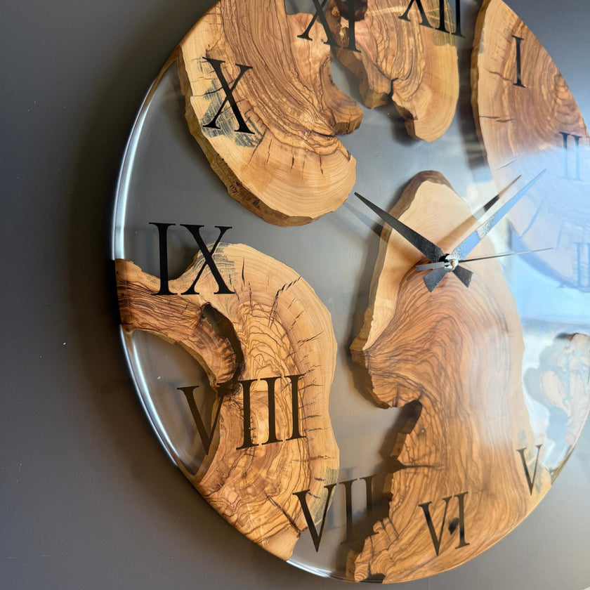 Clear Epoxy Resin and Olive Wood Wall Clock, Transparent Live Edge Olive Slice Art, Unique Modern Minimalist Home Decor Gift