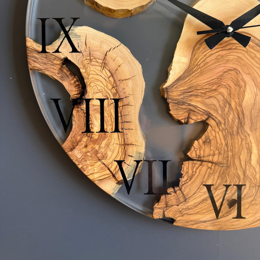 Clear Epoxy Resin and Olive Wood Wall Clock, Transparent Live Edge Olive Slice Art, Unique Modern Minimalist Home Decor Gift