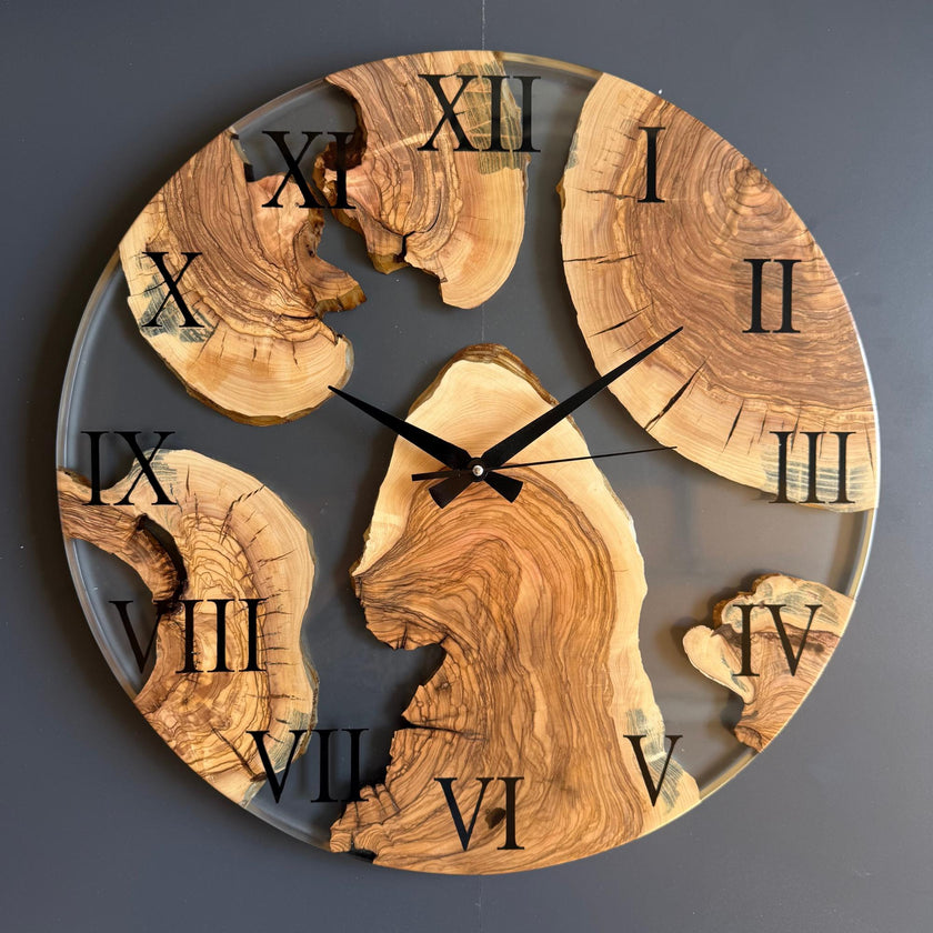 Clear Epoxy Resin and Olive Wood Wall Clock, Transparent Live Edge Olive Slice Art, Unique Modern Minimalist Home Decor Gift