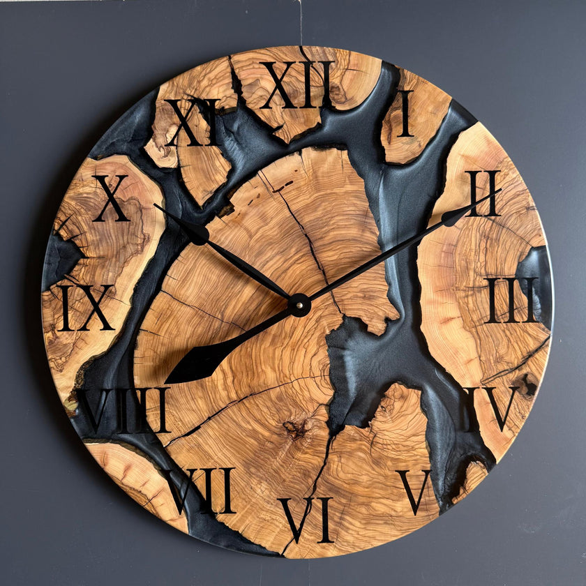 Handmade Olive Wood Epoxy Resin Wall Clock – Modern Luxury Wooden Clock