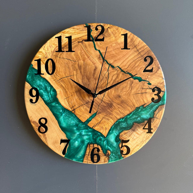 Epoxy Olive Wood Wall Clock, Resin Live Edge Clock, Modern Minimalist Natural Wood Art, Silent Large Home Decor Gift