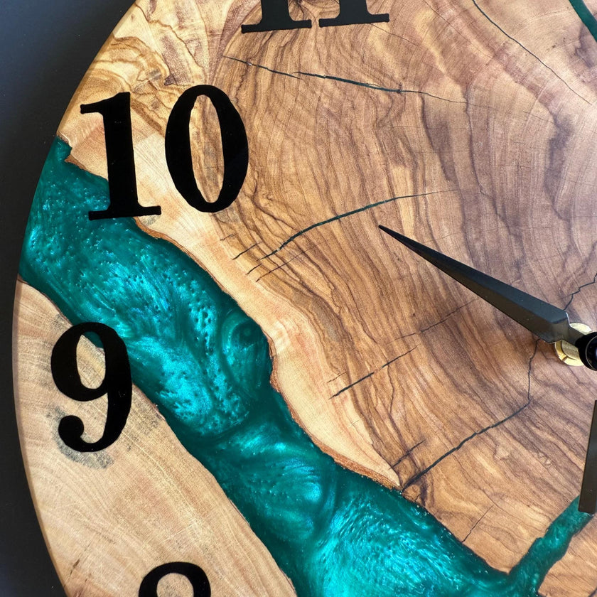 Epoxy Olive Wood Wall Clock, Resin Live Edge Clock, Modern Minimalist Natural Wood Art, Silent Large Home Decor Gift