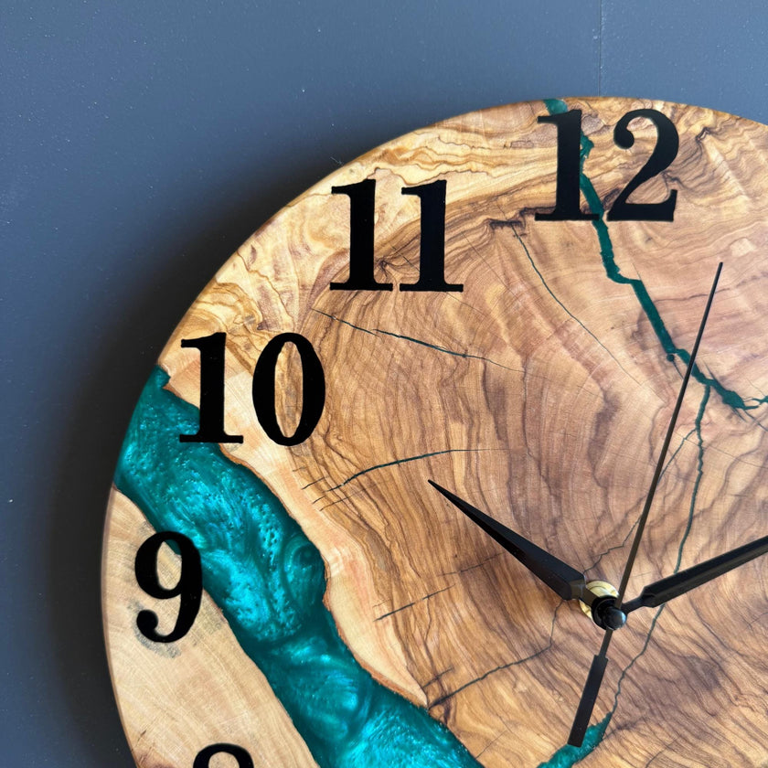 Epoxy Olive Wood Wall Clock, Resin Live Edge Clock, Modern Minimalist Natural Wood Art, Silent Large Home Decor Gift