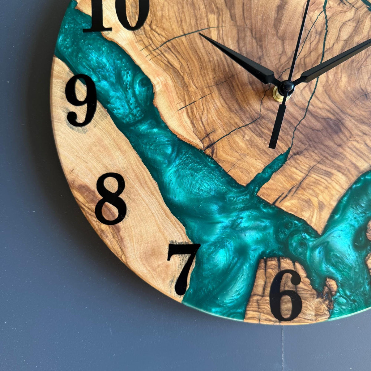 Epoxy Olive Wood Wall Clock, Resin Live Edge Clock, Modern Minimalist Natural Wood Art, Silent Large Home Decor Gift