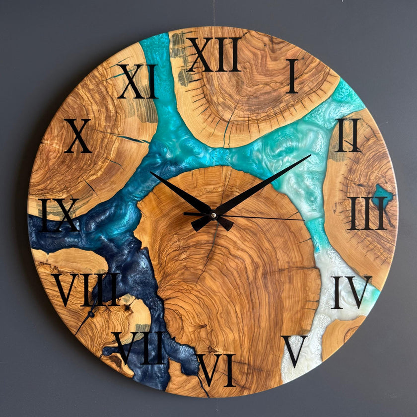 Custom Olive Wood Epoxy Wall Clock – Personalized Resin Wood Clock, Made to Order Any Size & Color