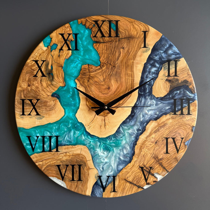 Custom Olive Wood Epoxy Wall Clock – Personalized Resin Wood Clock, Made to Order Any Size & Color