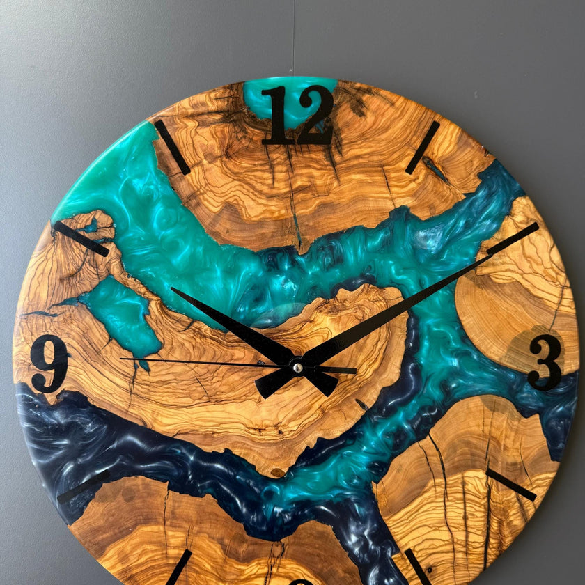 Epoxy Resin and Olive Wood Wall Clock | Live Edge Wood Slice Clock | Rustic Farmhouse Decor | Unique Handmade Modern Wall Clock