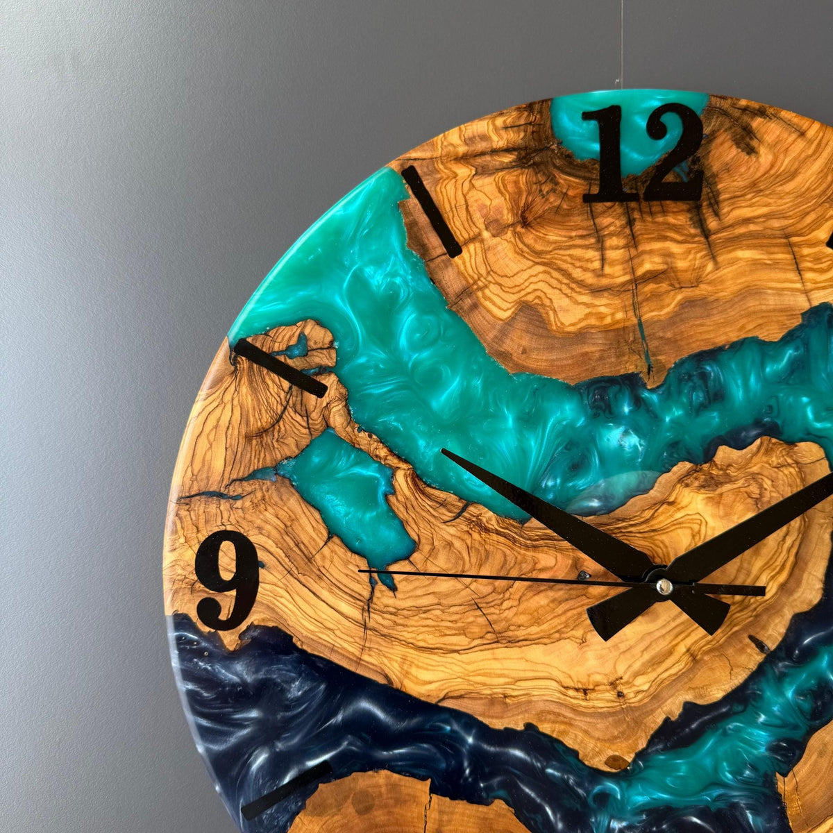 Epoxy Resin and Olive Wood Wall Clock | Live Edge Wood Slice Clock | Rustic Farmhouse Decor | Unique Handmade Modern Wall Clock