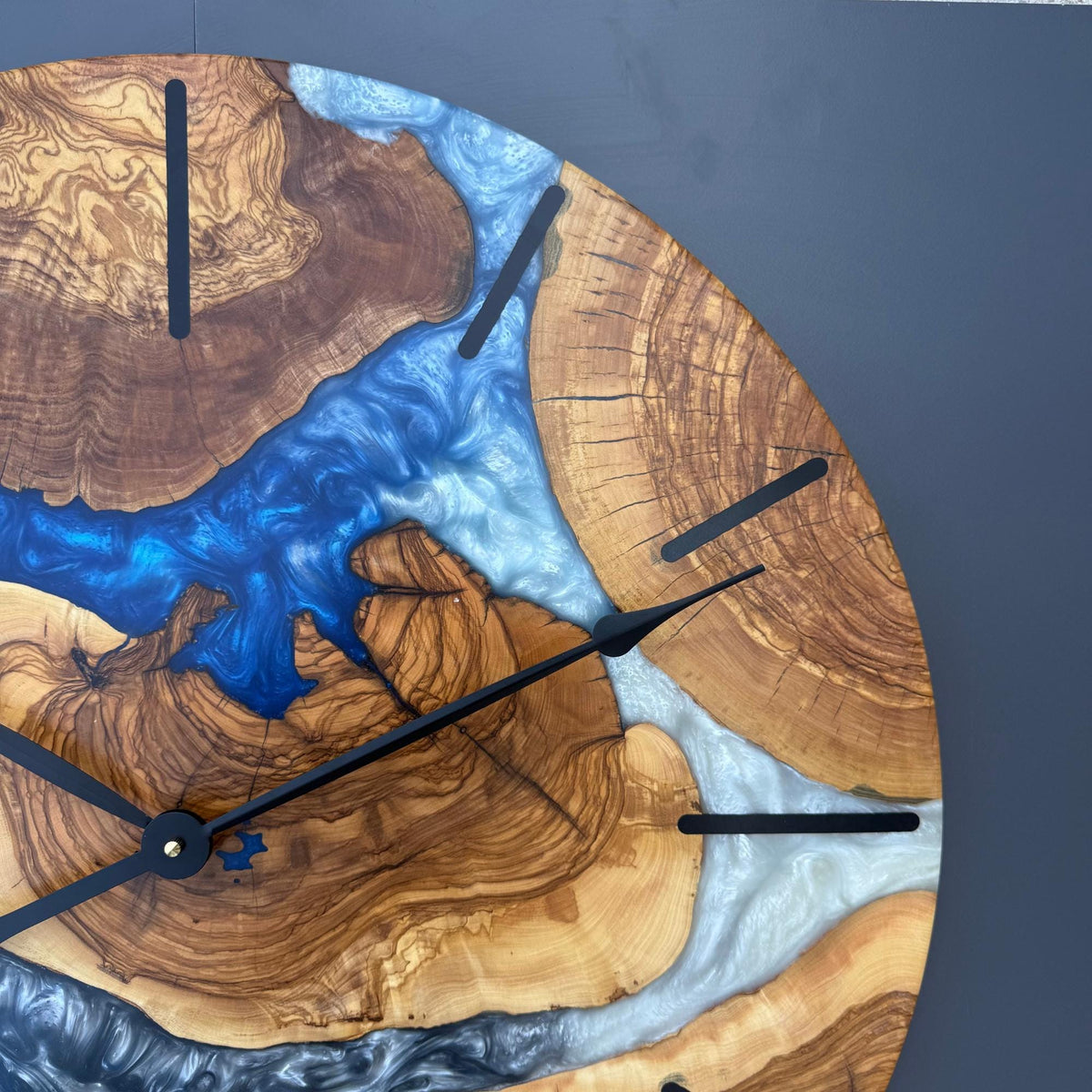 Oversized Epoxy Resin and Olive Wood Wall Clock, Large Live Edge Wood Art Clock: Home Decor (24'' - 40'')