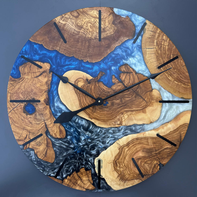 Oversized Epoxy Resin and Olive Wood Wall Clock, Large Live Edge Wood Art Clock: Home Decor (24'' - 40'')