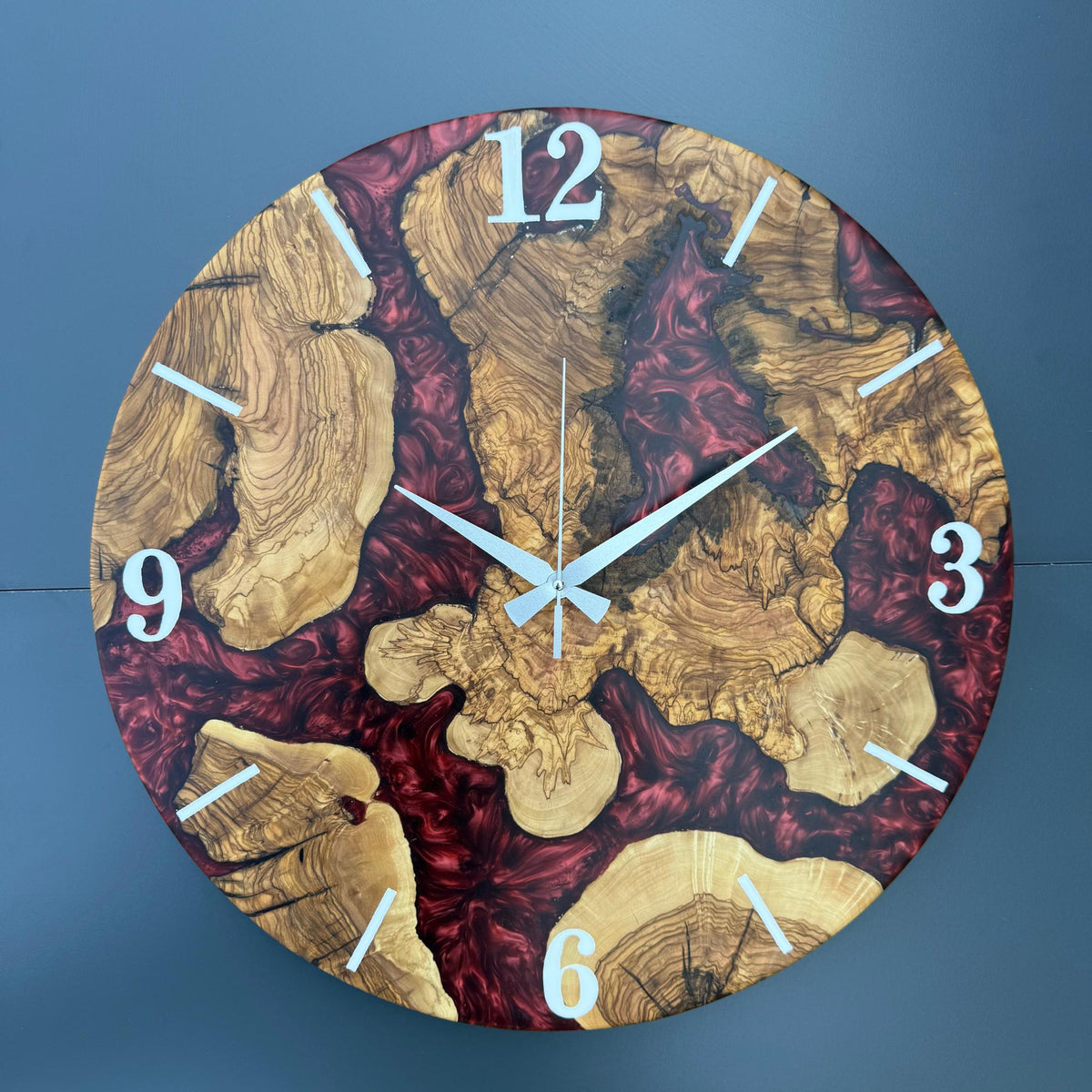 Epoxy Olive Wood Wall Clock, Resin Live Edge Clock, Modern Minimalist Natural Wood Art, Silent Large Home Decor