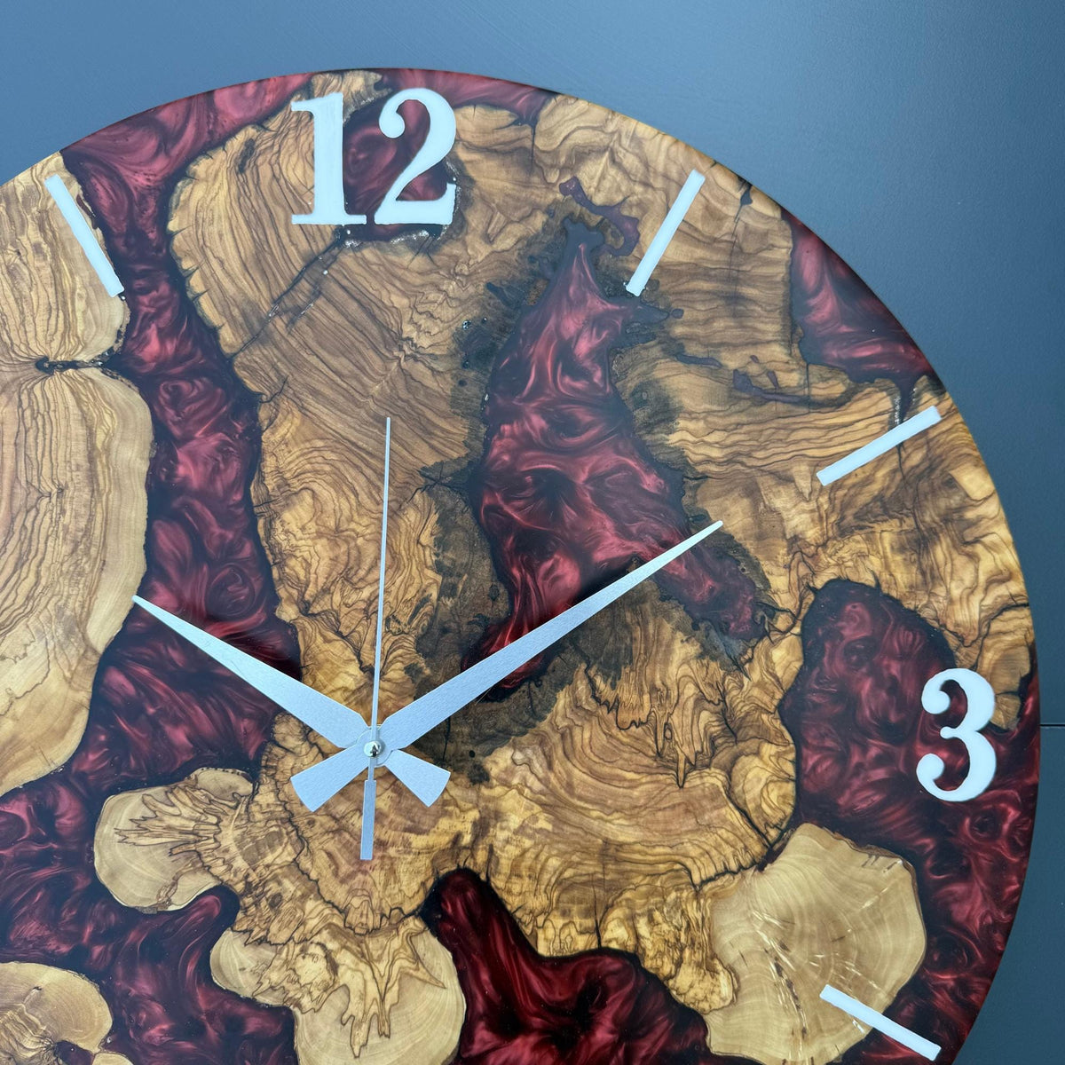 Epoxy Olive Wood Wall Clock, Resin Live Edge Clock, Modern Minimalist Natural Wood Art, Silent Large Home Decor