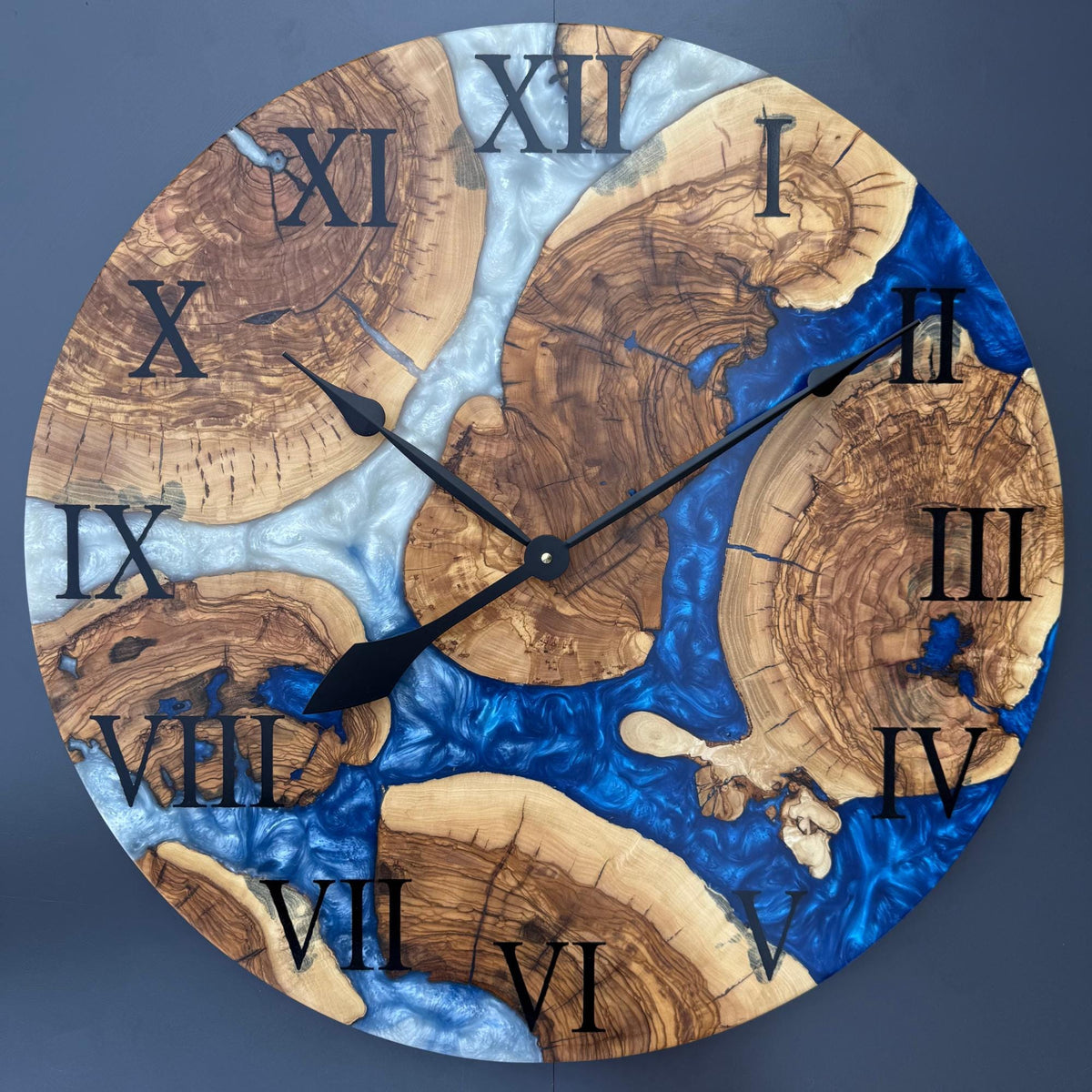 Large Ocean Epoxy Clock with Roman Numerals | 24''- 40'' Olive Wood and Resin Wall Clock | Live Edge Coastal Decor
