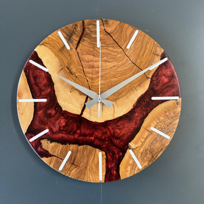 Olive Wood and Epoxy Wall Clock, Large Rustic Resin Clock: Unique Live Edge Olive Tree Slice Art