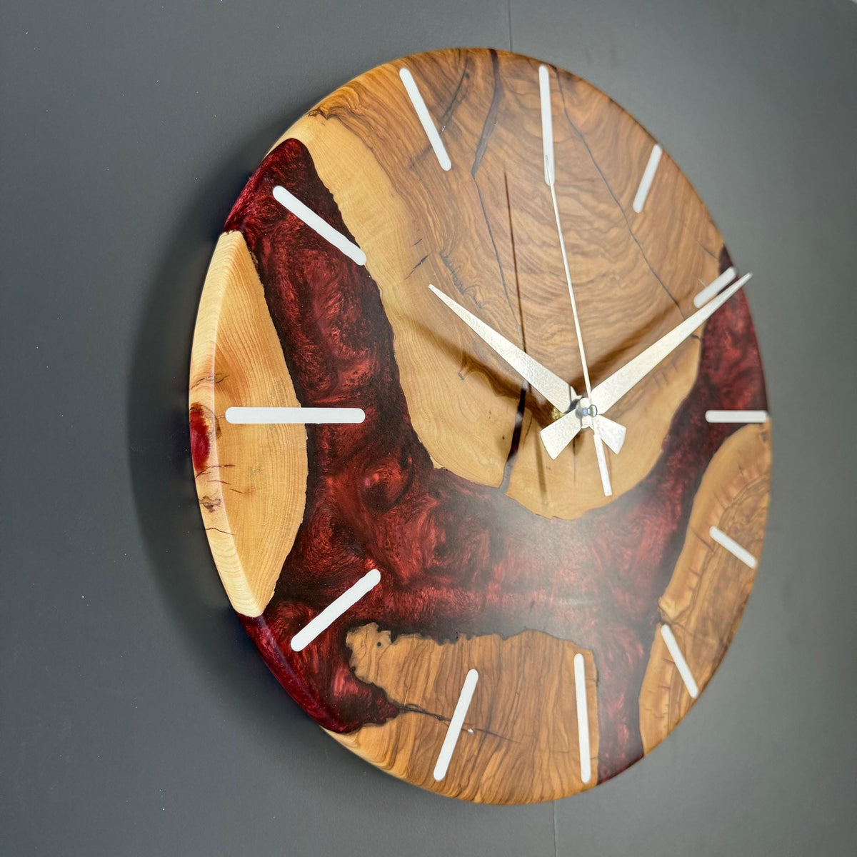 Olive Wood and Epoxy Wall Clock, Large Rustic Resin Clock: Unique Live Edge Olive Tree Slice Art