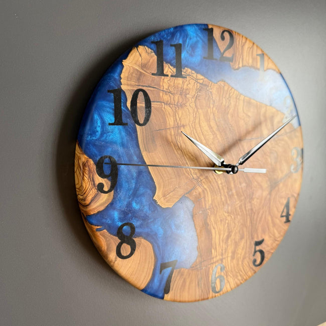 Epoxy Resin and Olive Wood Wall Clock | Wall Clock Modern | Kitchen Wall Clock | Unique Large Wall Clock