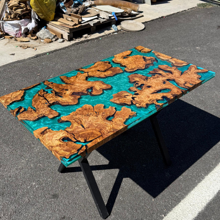 Handmade Olive Wood and Epoxy Dining Table: Kitchen & Living Room Table
