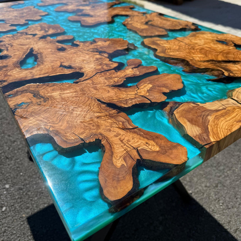 Handmade Olive Wood and Epoxy Dining Table: Kitchen & Living Room Table