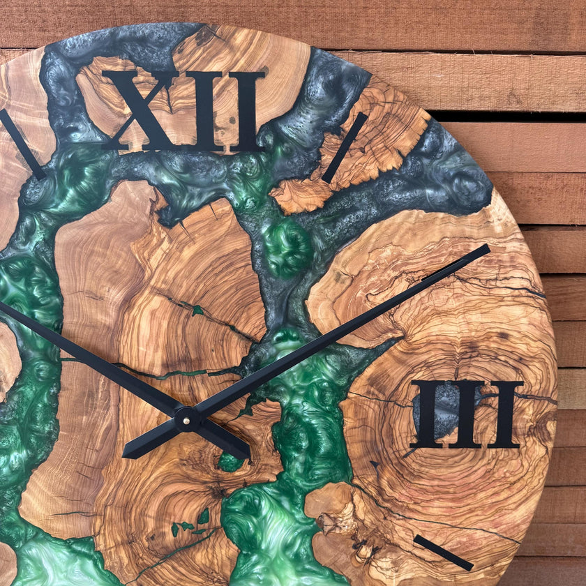 Olive Wood Epoxy Resin Wall Clock, Personalized Wooden Wall Clock: Modern Resin Art
