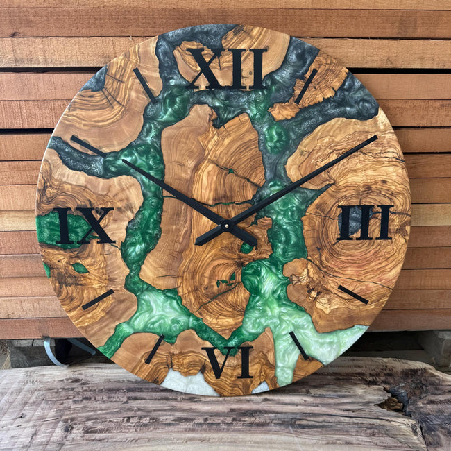 Olive Wood Epoxy Resin Wall Clock, Personalized Wooden Wall Clock: Modern Resin Art