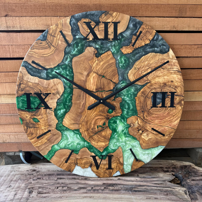 Olive Wood Epoxy Resin Wall Clock, Personalized Wooden Wall Clock: Modern Resin Art